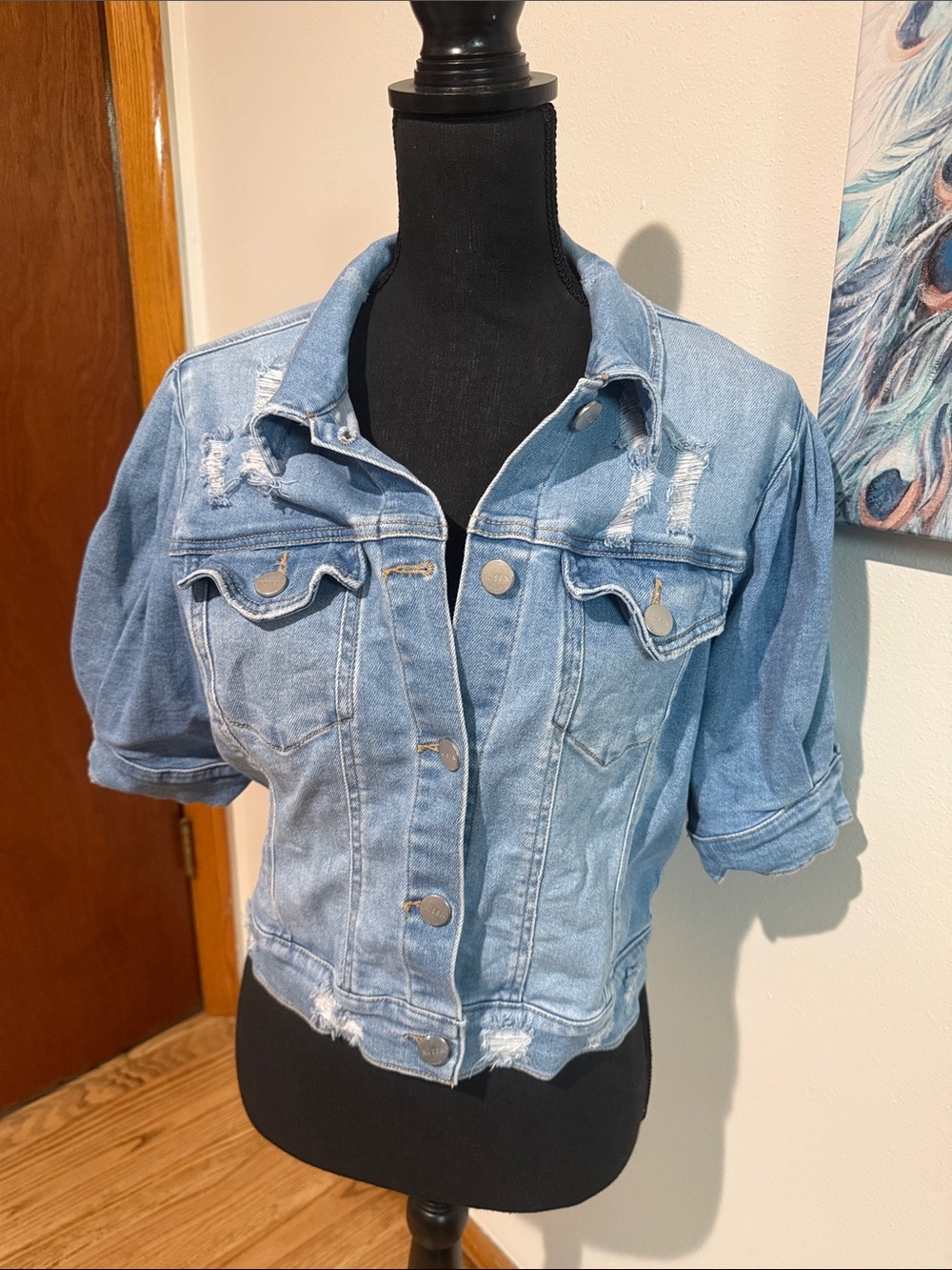 Risen Cropped Light Blue Distressed Denim Jacket - Women
